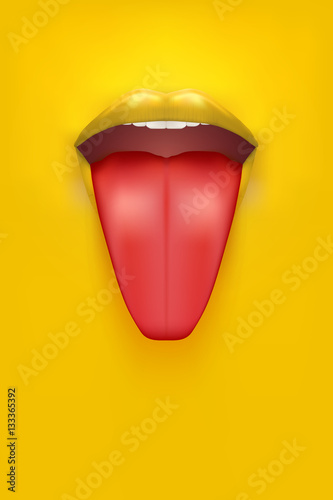 Womans mouth with his tongue hanging out. Yellow background. Advertisement Poster. Vector Illustration.