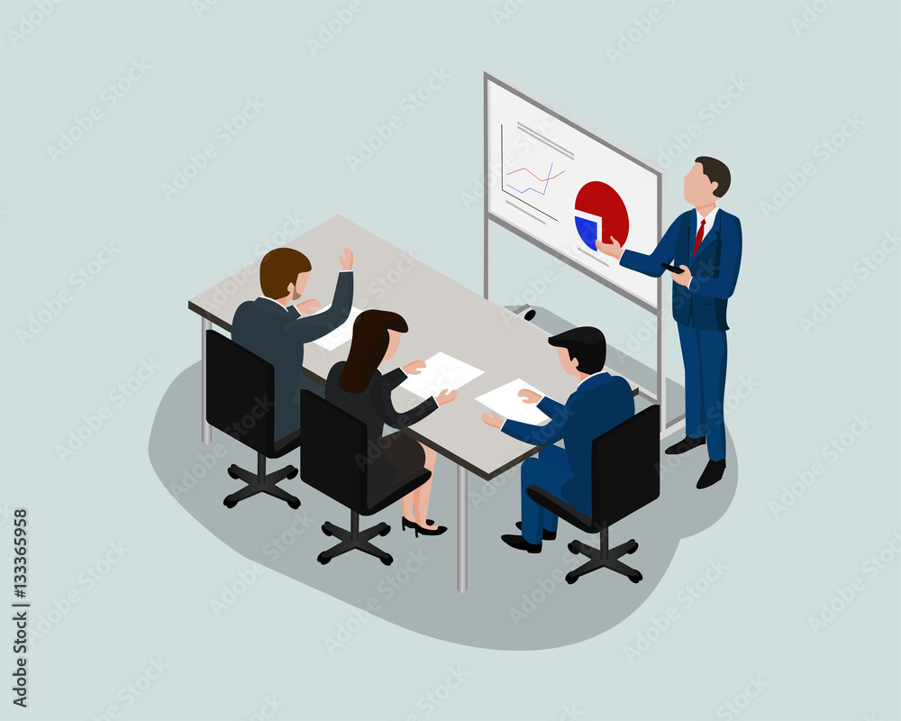 Isometric man present in brainstorming group Isometric man present in brainstorming group
