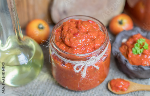 Ajvar - traditional macedonian serbian dish made from red bell p photo