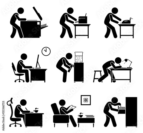 Employees using office equipments in workplace. Worker making copy with photostat machine, printing with printer, receiving fax, using computer, designing, writing, and searching files inside cabinet.