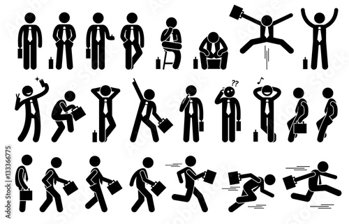 Businessman with various poses and actions. The businessperson man is standing, sitting, thinking, raising hand, taking selfie, winning, and relaxing. On side view he is walking, running, and jumping.