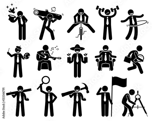 Entrepreneur businessman doing various activities. He is playing magician, riding bicycle, carrying weights, exercise, drawing, playing guitar, gardening, searching ideas, construction and building. 