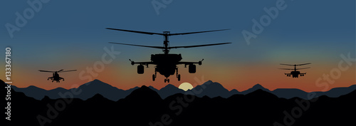 Illustration, fighting helicopters in attack.