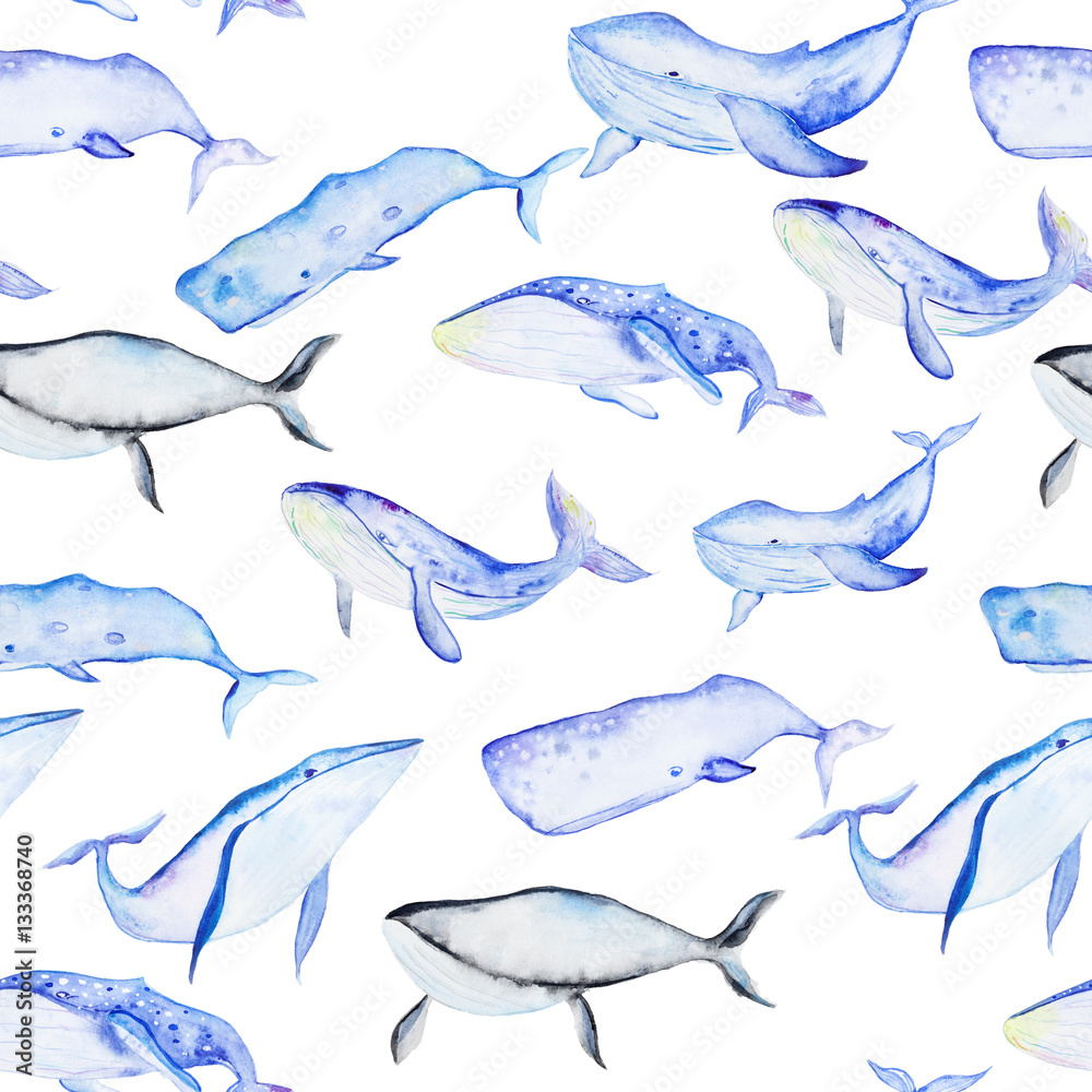 Obraz premium Watercolor whales pattern