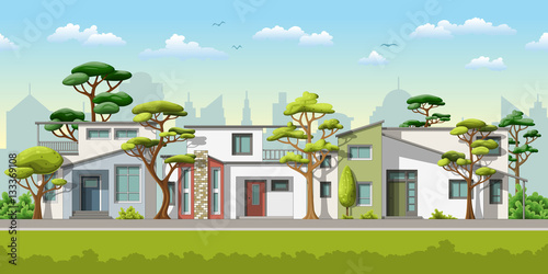 Illustration of three modern family house with trees