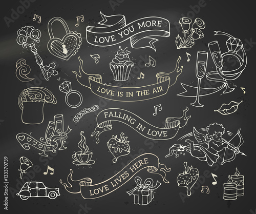 Vector set of chalk Valentine's icons, signs and symbols.