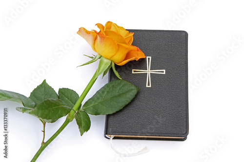Gesangbuch mit orangegelber Rose vor weißem Hintergrund