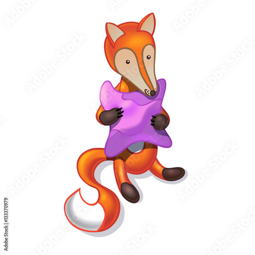 Cute cartoon fox with pillow isolated on white background.