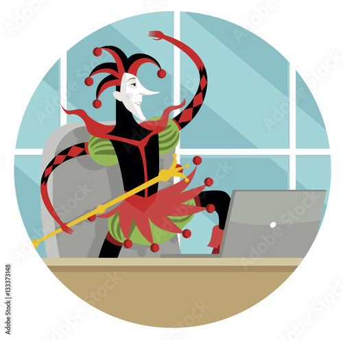 happy troll harlequin jester using a computer