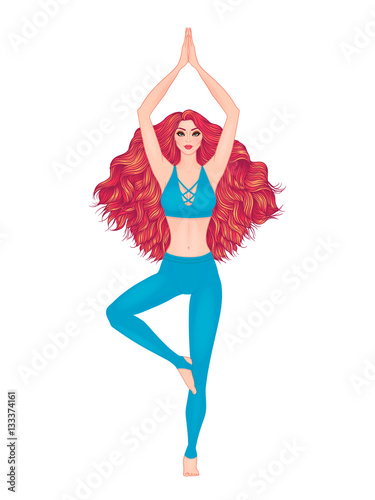 Yoga woman vector illustration. Pose Vrikshasana. Girl Meditation