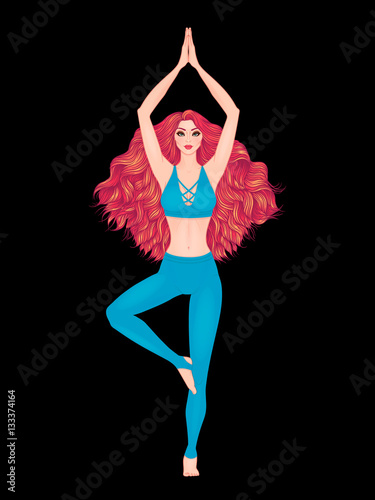 Yoga woman vector illustration. Pose Vrikshasana. Girl Meditation