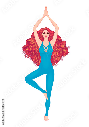 Yoga woman vector illustration. Pose Vrikshasana. Girl Meditation