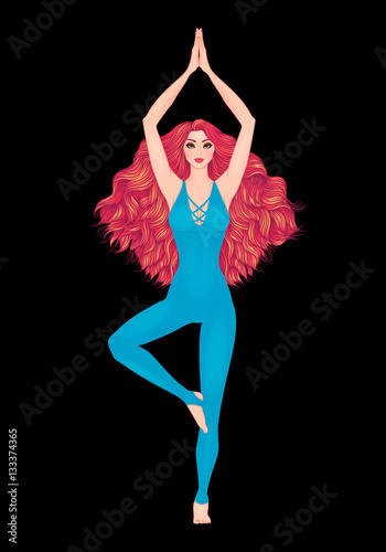 Yoga woman vector illustration. Pose Vrikshasana. Girl Meditation