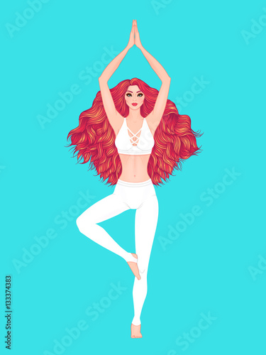 Yoga woman vector illustration. Pose Vrikshasana. Girl Meditation