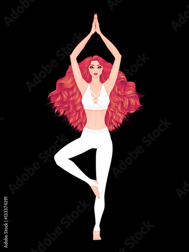 Yoga woman vector illustration. Pose Vrikshasana. Girl Meditation