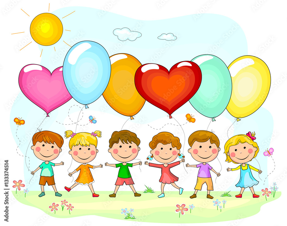Children with balloons. Group of children with balloons. Children with balloons. Group of children with balloons.
