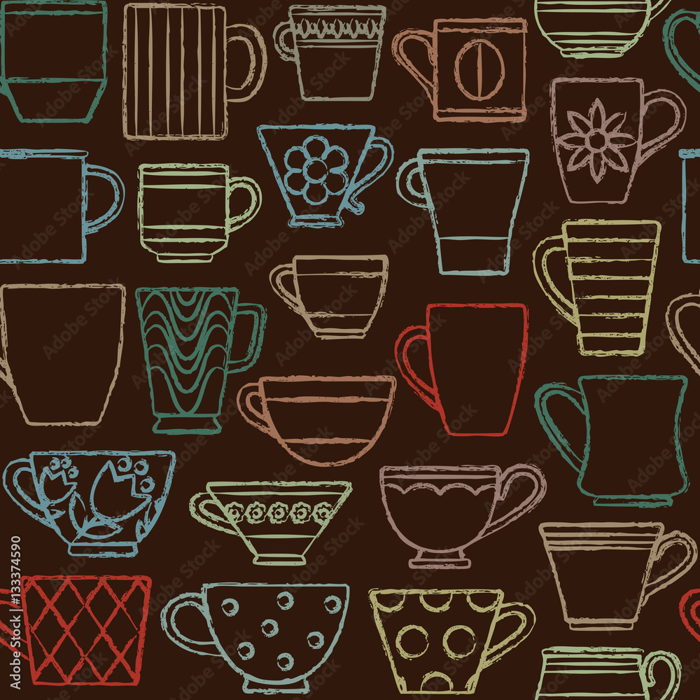 Hand drawn coffee cups and mugs in various shapes seamless pattern background 2 Hand drawn coffee cups and mugs in various shapes seamless pattern background 2