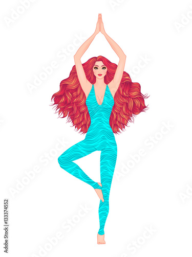 Yoga woman vector illustration. Pose Vrikshasana. Girl Meditation