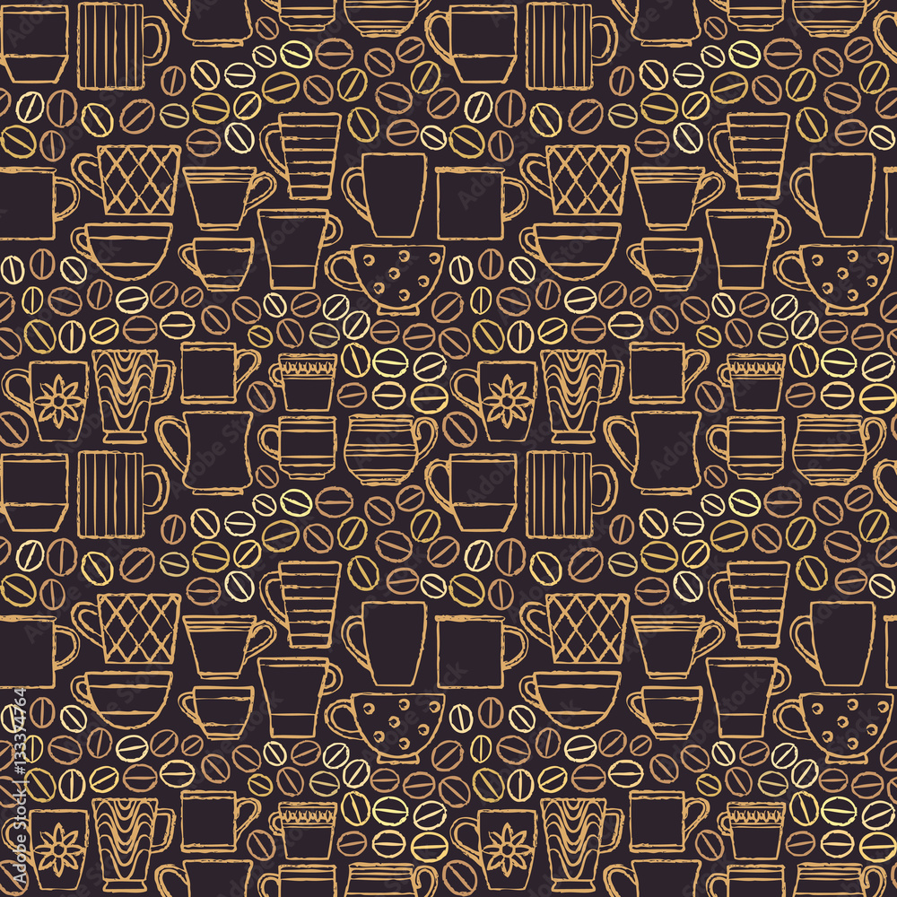 Hand drawn cups and mugs with coffee beans seamless pattern background ...