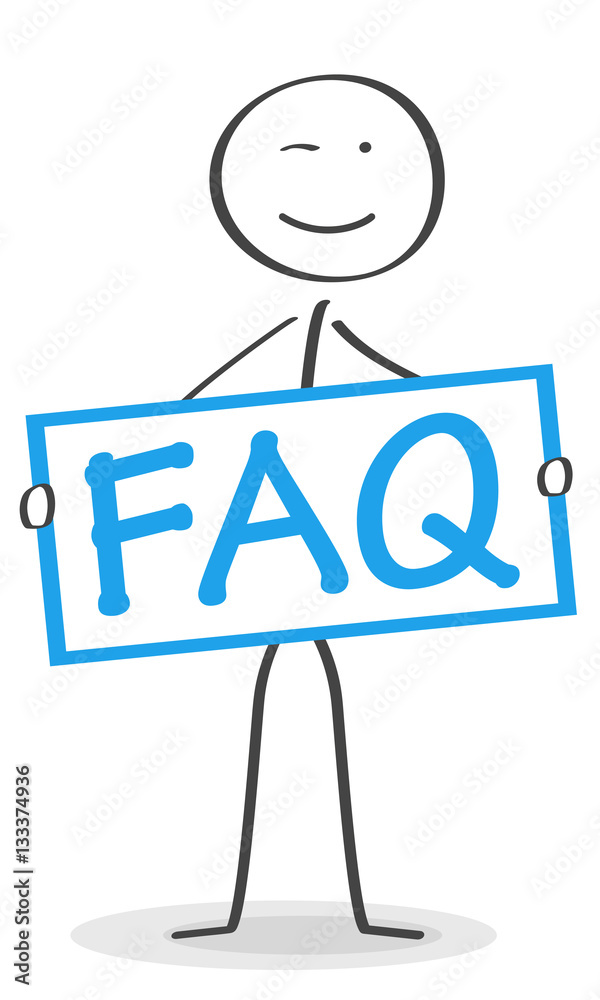 Strichmännchen hebt blaues FAQ Schild mit häufig gestellten Fragen Strichmännchen hebt blaues FAQ Schild mit häufig gestellten Fragen