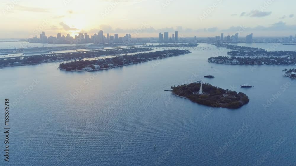 Fast Flying Away Aerial Shot of Miami Florida Biscayne Bay Port Keys and Flagler Island Fast Flying Away Aerial Shot of Miami Florida Biscayne Bay Port Keys and Flagler Island