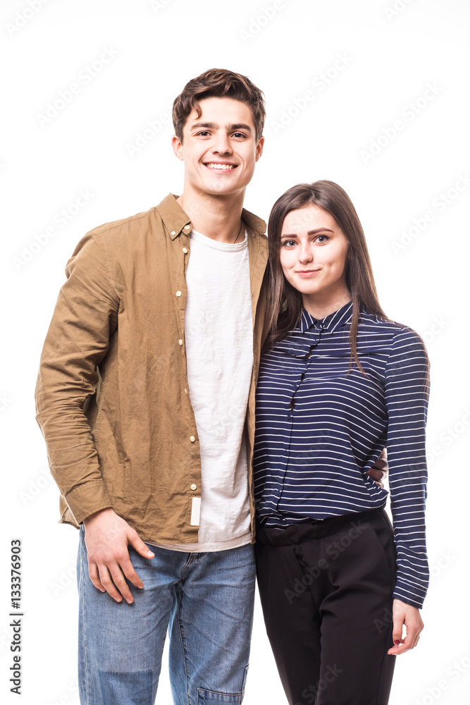 Portrait of young couple smiling on white background Portrait of young couple smiling on white background
