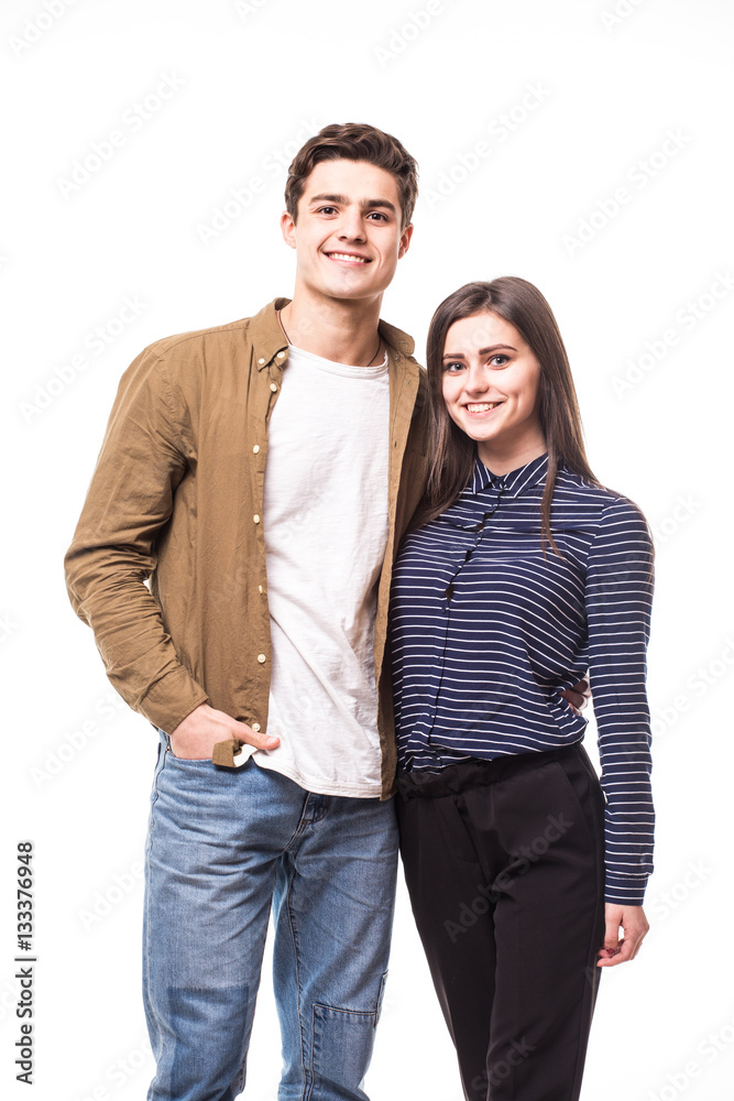 Portrait of young couple smiling on white background Portrait of young couple smiling on white background