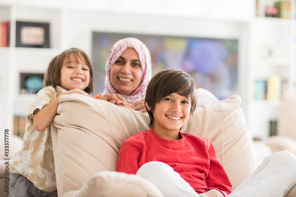 Happy mother and son at modern new white home Happy mother and son at modern new white home