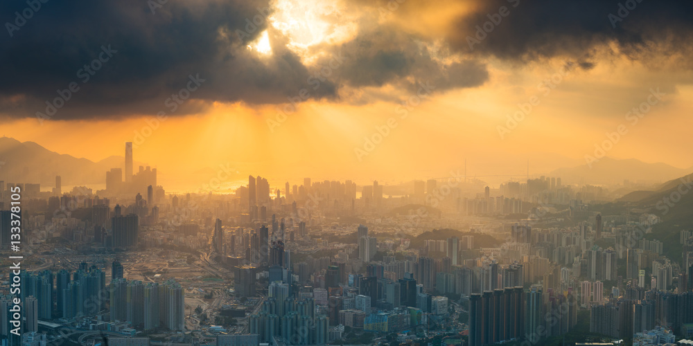 Panorama view before sunset on Kowloon Peak, Hong Kong