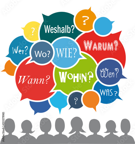 Sprechblasen Fragen: Wer, wie, wo, warum, wohin, weshalb?