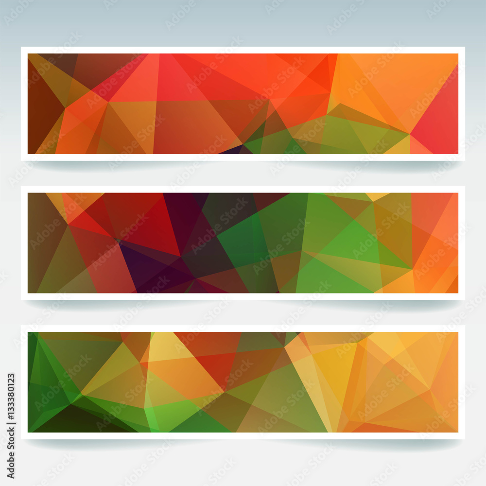 Set of banner templates with abstract background. Modern vector banners with polygonal background. Green, red, orange colors. Set of banner templates with abstract background. Modern vector banners with polygonal background. Green, red, orange colors.