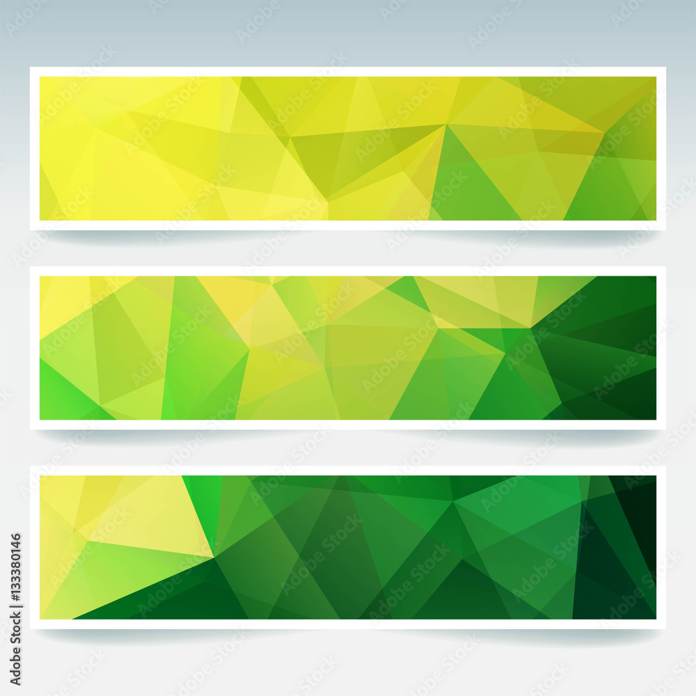 Horizontal banners set with polygonal triangles. Polygon background, vector illustration. Yellow, green colors.