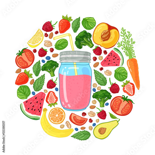 Template design banners, brochures, flyers smoothie. Design poster with smoothie jar and and ingredients. Decoration with fruits, vegetables and herbs. Vector