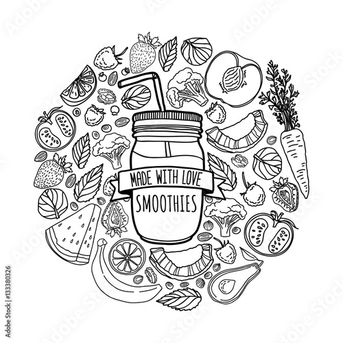 Template design banners, brochures, flyers homemade smoothie. Design poster with silhouette smoothie jar and and ingredients. Decoration with fruits, vegetables and herbs in line style. Vector