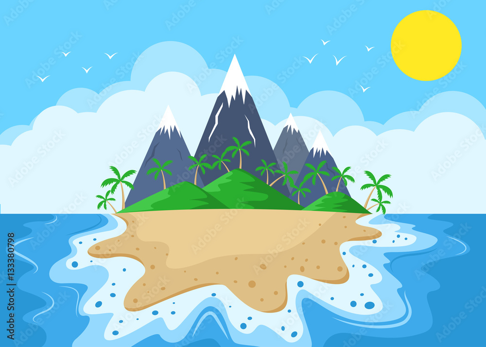 Cartoon Island with mountains and palm trees