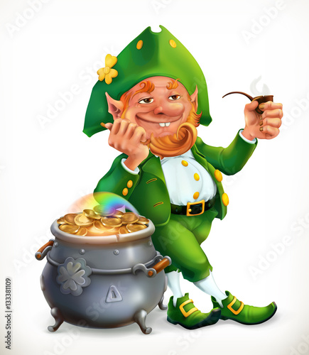 Leprechaun and pot of gold coins. Feast of Saint Patrick 3d vector icon