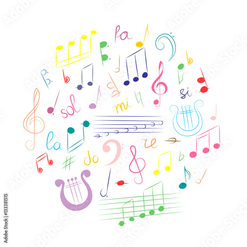 Colorful Hand Drawn Set of  Music Symbols.  Doodle Treble Clef, Bass Clef, Notes and Lyre Arranged in a Circle. Vector Illustration.