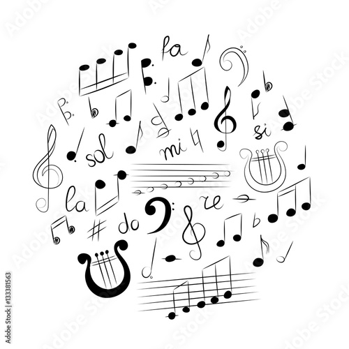 Hand Drawn Set of  Music Symbols.  Doodle Treble Clef, Bass Clef, Notes and Lyre Arranged in a Cirlce. Vector Illustration.