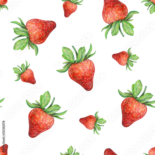 Fototapeta Naklejka Na Ścianę i Meble -  Strawberry on white background. Watercolor drawing of strawberry berries. Handwork drawn. Watercolor seamless strawberry pattern for fabric design