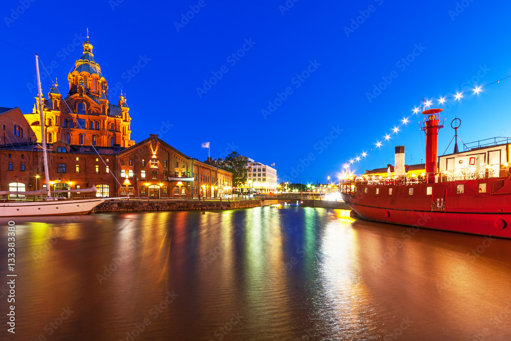 Night view of the Old Town in Helsinki, Finland