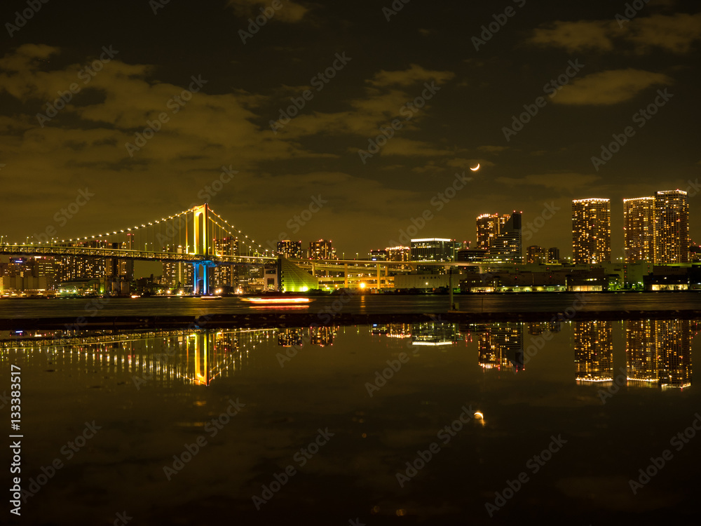 都内の夜景に沈む月