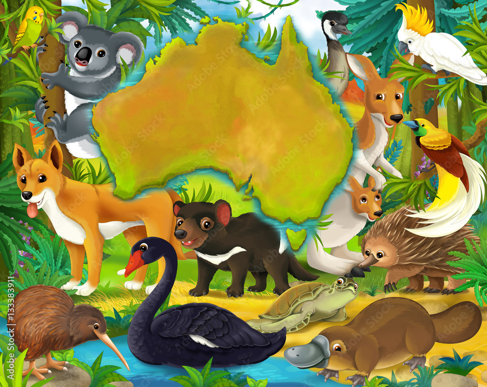 Cartoon australian animals - continent map - frame for title - illustration for children Stock Illustration | Adobe Stock Cartoon australian animals - continent map - frame for title - illustration for children Stock Illustration | Adobe Stock