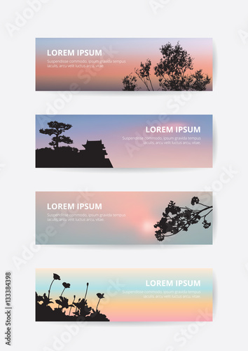 Japanese landscape sunset sky banner, castle and sakura silhouette bookmark, cherry blossom and pine tree view background, vintage card template, ready to print with demo text box photo