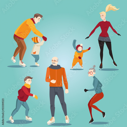 Happy family skating. Set of cartoon illustrations