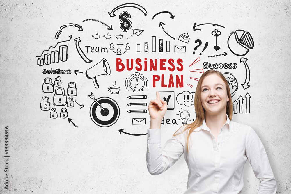 Cheerful blond woman and a business plan sketch Cheerful blond woman and a business plan sketch