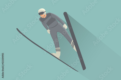 Ski jumping man. Cartoon character. flat design