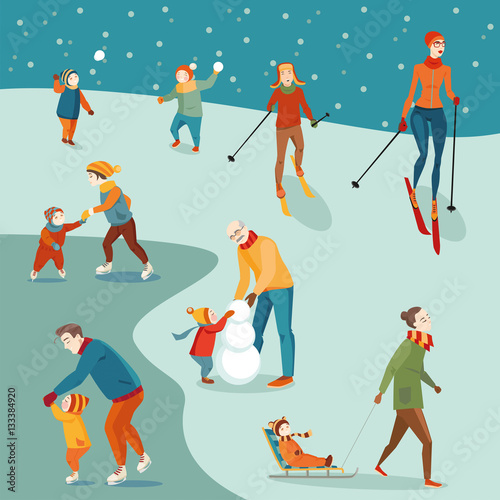 Set of Illustrations, winter activities, parents and children