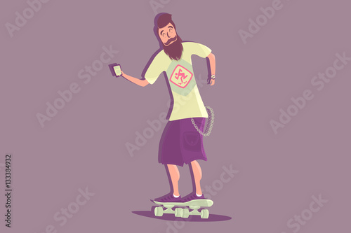 Cool vector hipster man character with beard riding longboard skateboard.Comic character