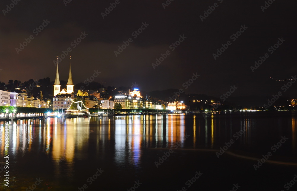 city lights near Geneva lake in Lucerne Switzerland on night