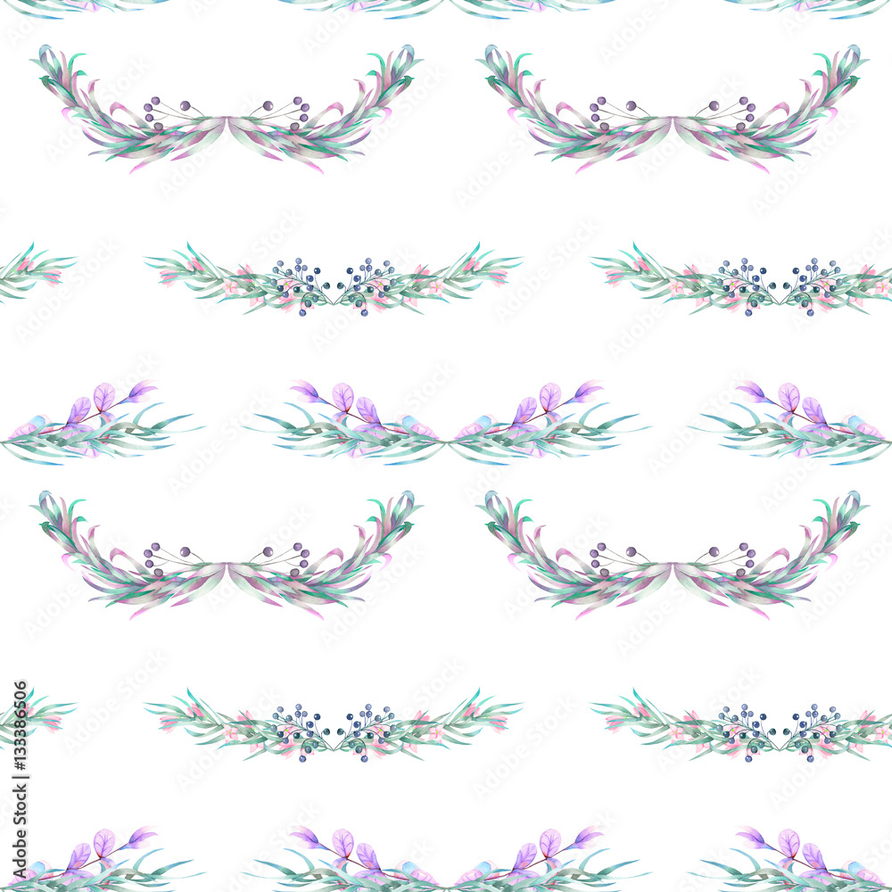 Seamless pattern with watercolor floral ornament from green and purple plants, hand drawn on a white background